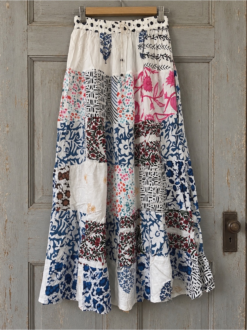 Bohemian Patchwork Maxi Skirt - White with Blue & Pink Floral